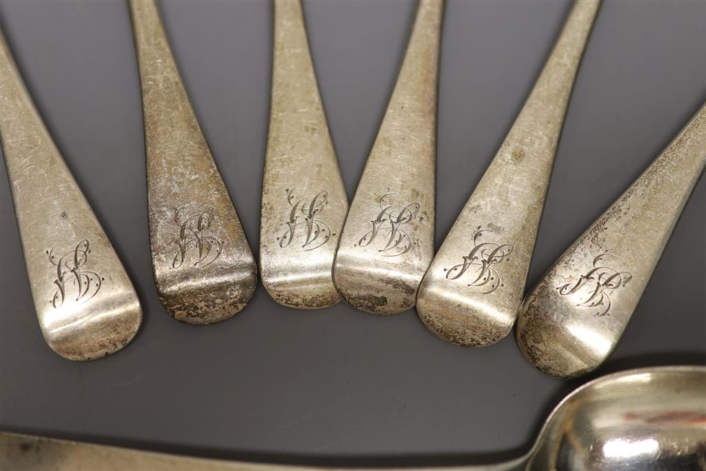 A harlequin set of seven Victorian silver Old English pattern dessert spoons, various dates and makers, 9oz.